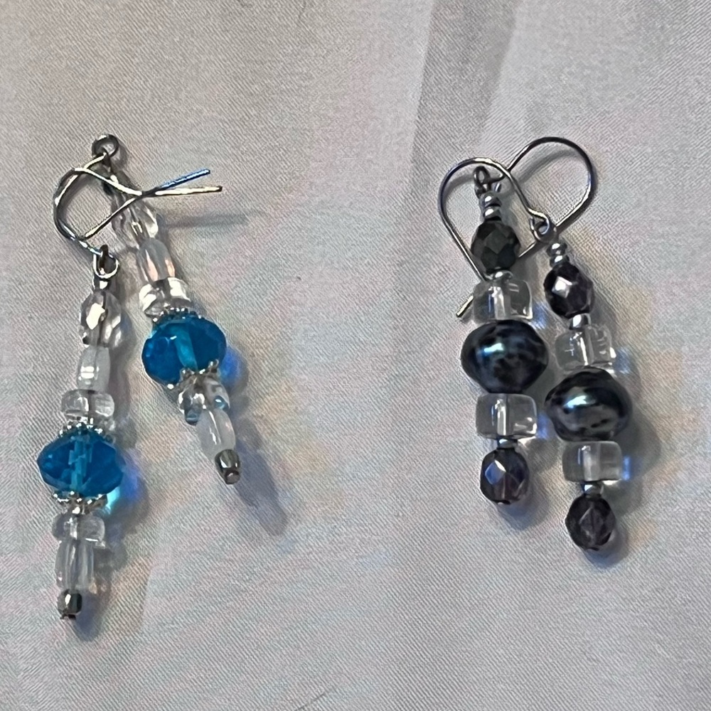 HAND CRAFTED  2 Pair EARRING BUNDLE Blue/Clear & Black/Blue Beads